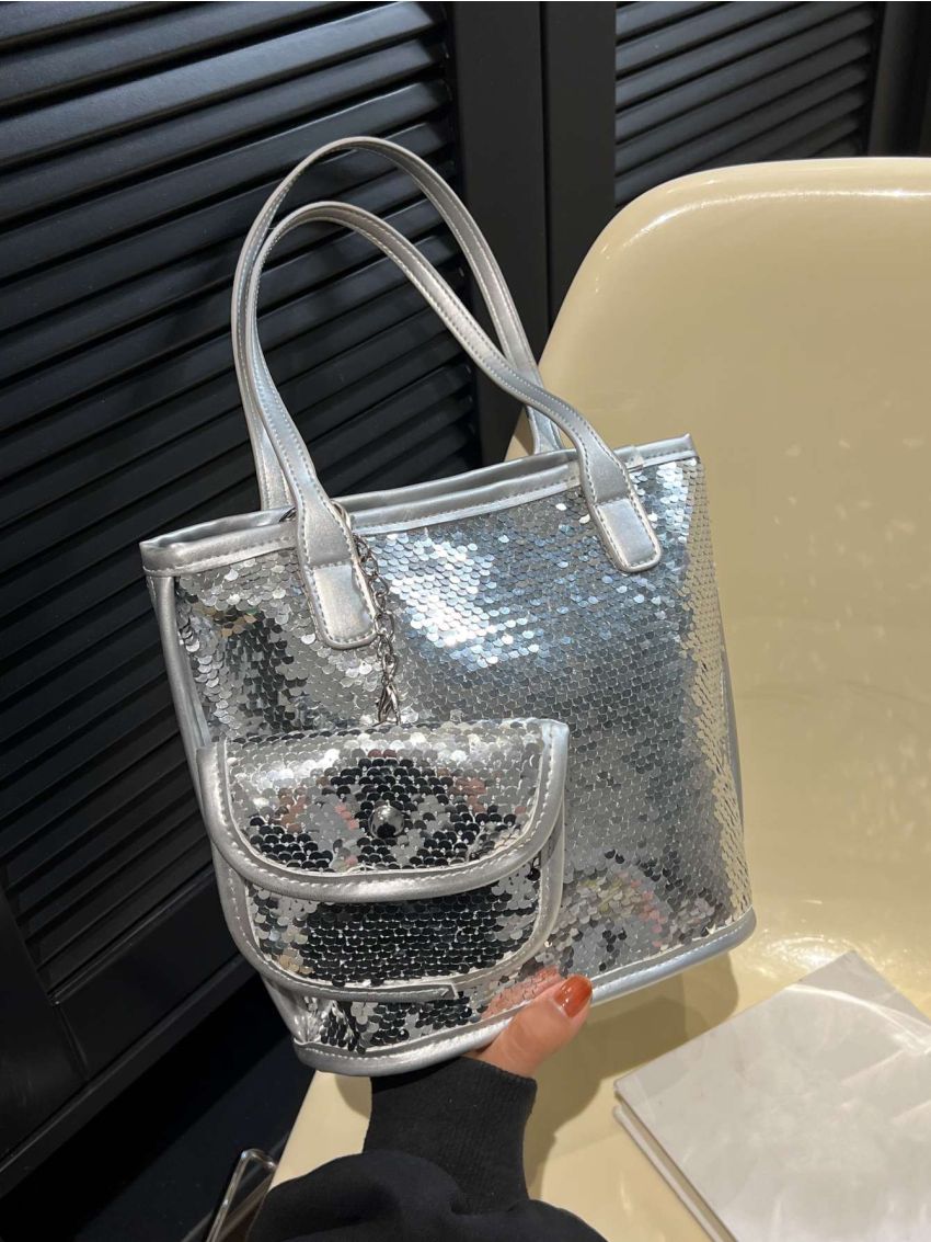 Silver Square Bag Sequins Decor With Coin Purse For Party