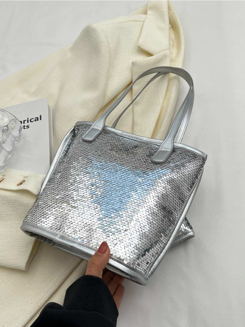 Silver Square Bag Sequins Decor With Coin Purse For Party