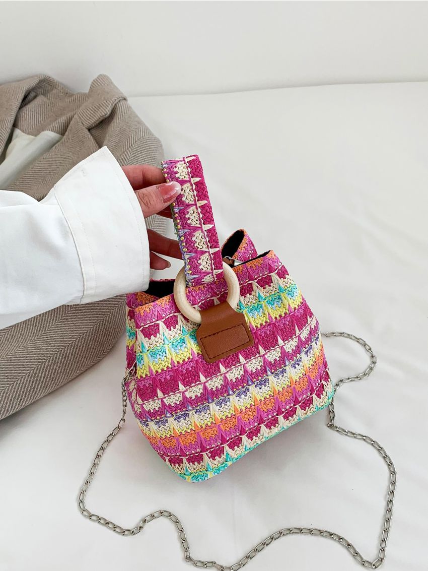 Mini Color Block Chain Straw Bag
