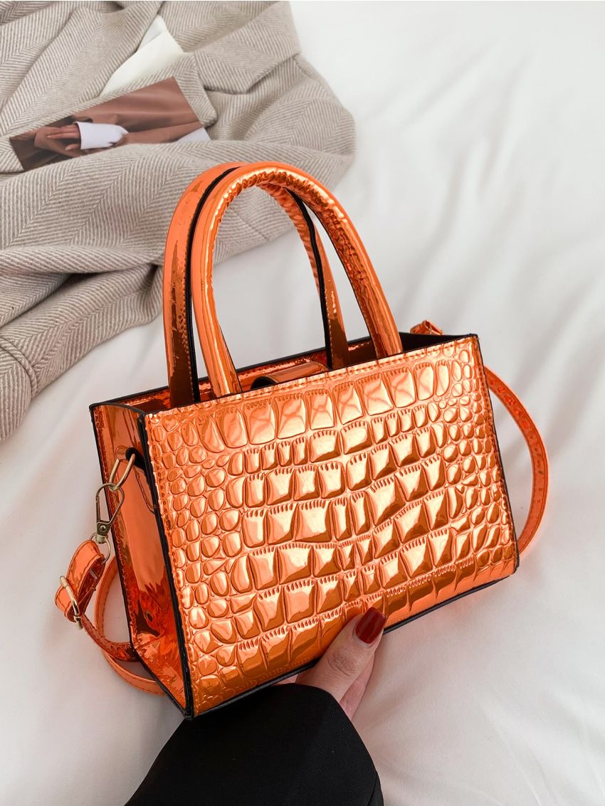 Mini Neon Orange Satchel Crocodile Embossed Square Bag