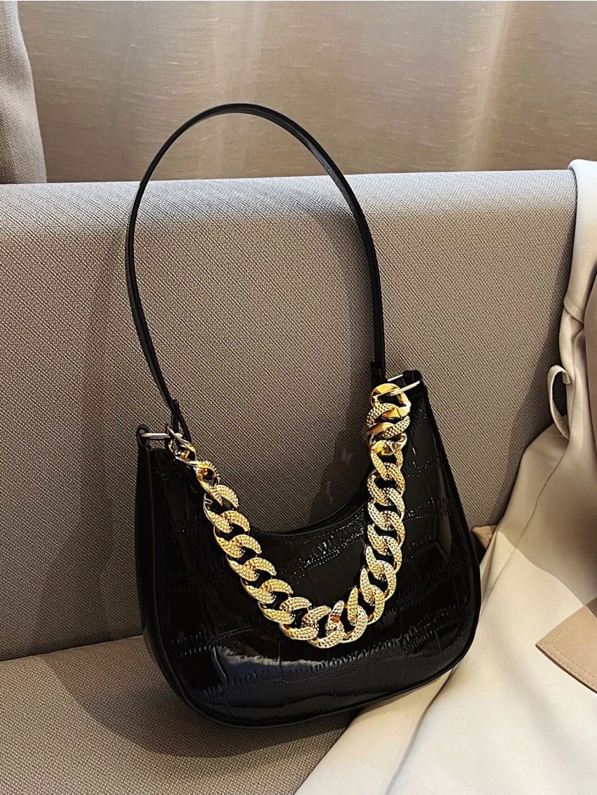 Crocodile Embossed Chain Decor Hobo Bag