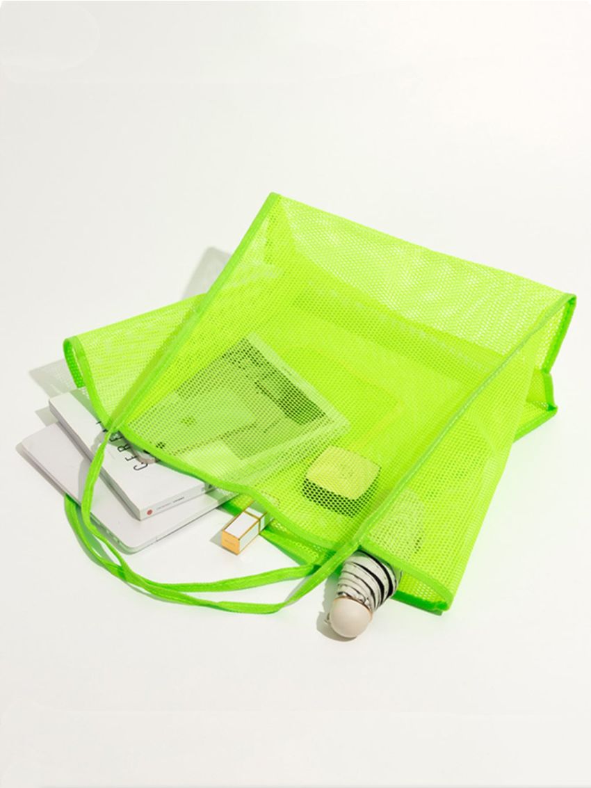 Neon Lime Mesh Hollow Out Beach Travel Package For Women Shoulder Bag Large Capacity Female Shopping Tote Bag