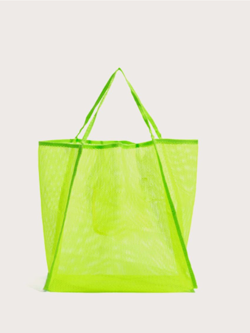 Neon Lime Mesh Hollow Out Beach Travel Package For Women Shoulder Bag Large Capacity Female Shopping Tote Bag