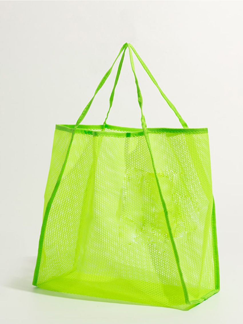 Neon Lime Mesh Hollow Out Beach Travel Package For Women Shoulder Bag Large Capacity Female Shopping Tote Bag