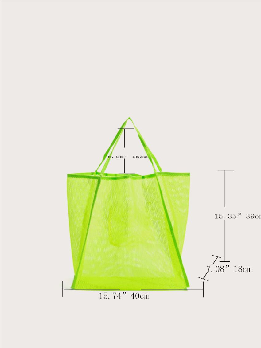 Neon Lime Mesh Hollow Out Beach Travel Package For Women Shoulder Bag Large Capacity Female Shopping Tote Bag