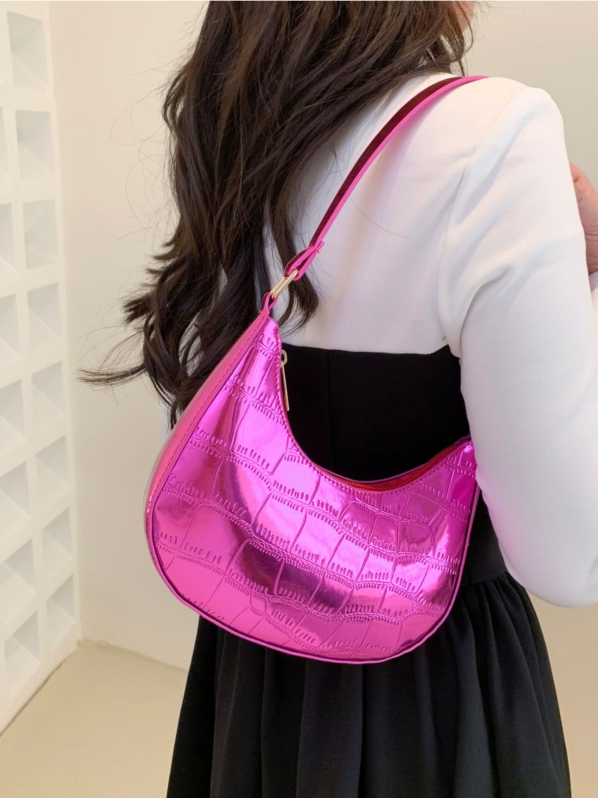 Neon Pink Crocodile Embossed Hobo Bag