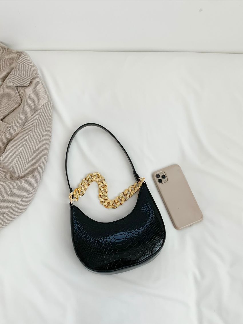 Small Hobo Bag Crocodile Embossed Chain Decor Top Handle