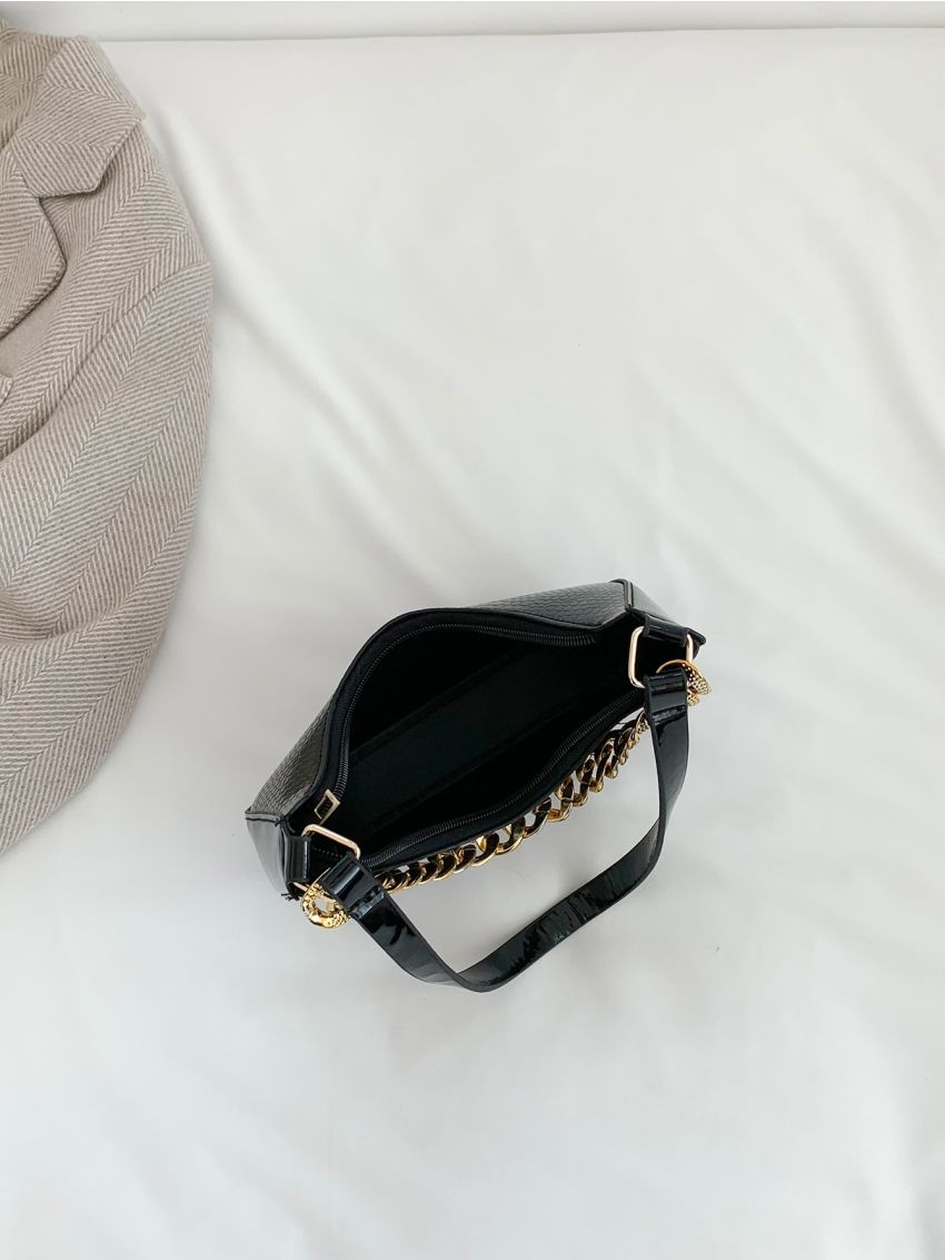 Small Hobo Bag Crocodile Embossed Chain Decor Top Handle