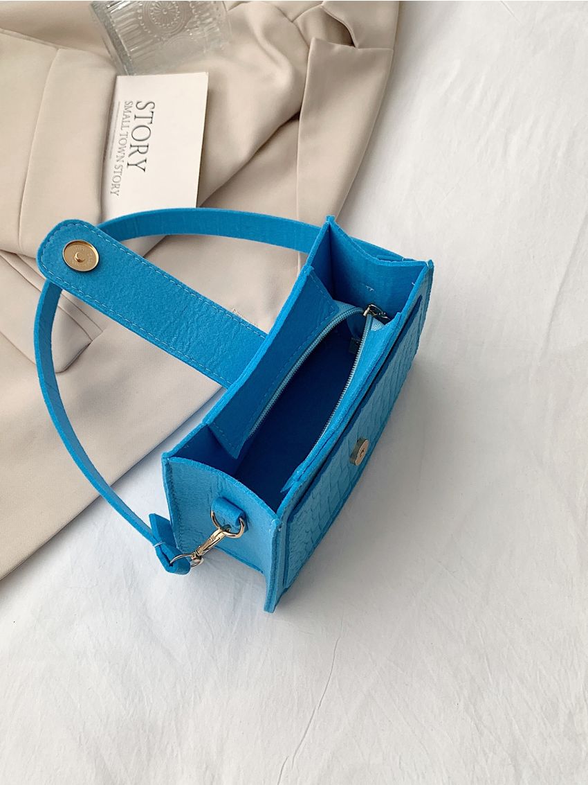 Felt Baguette Bag Crocodile Embossed Snap Button