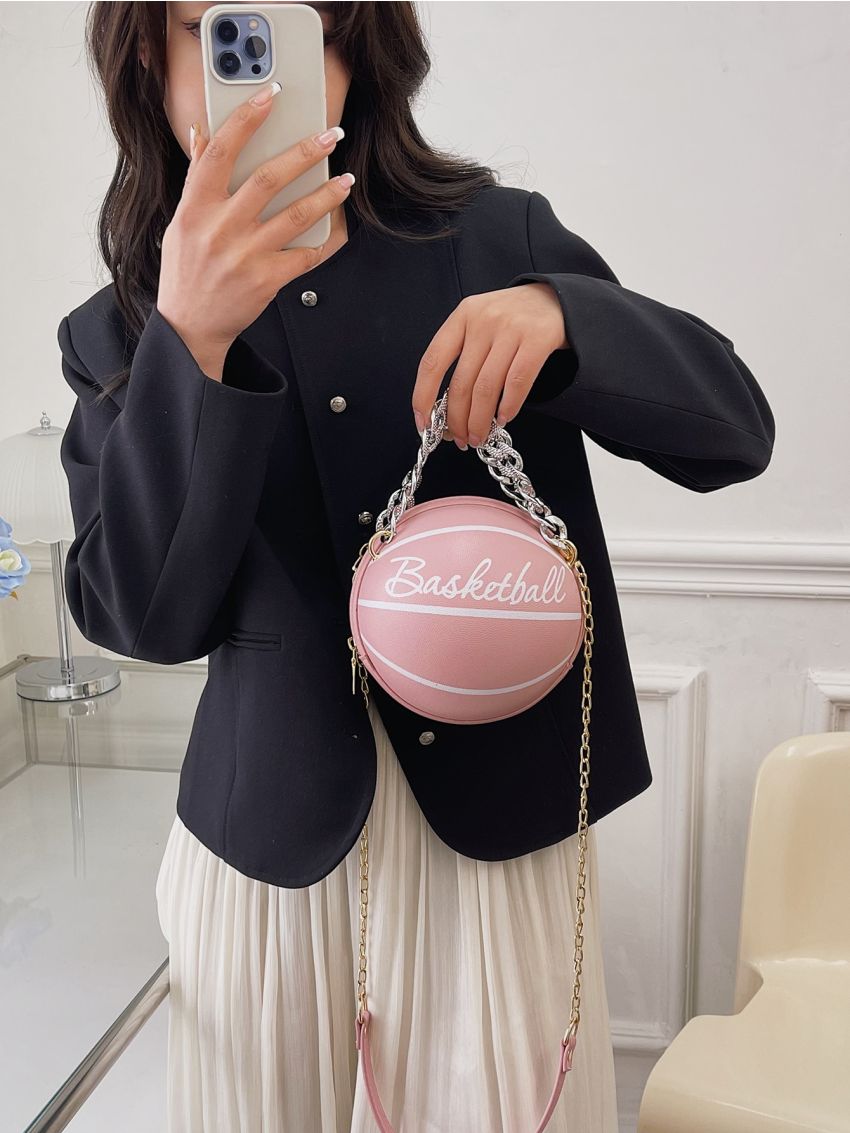 Mini Circle Bag Letter Graphic Chain Strap PU