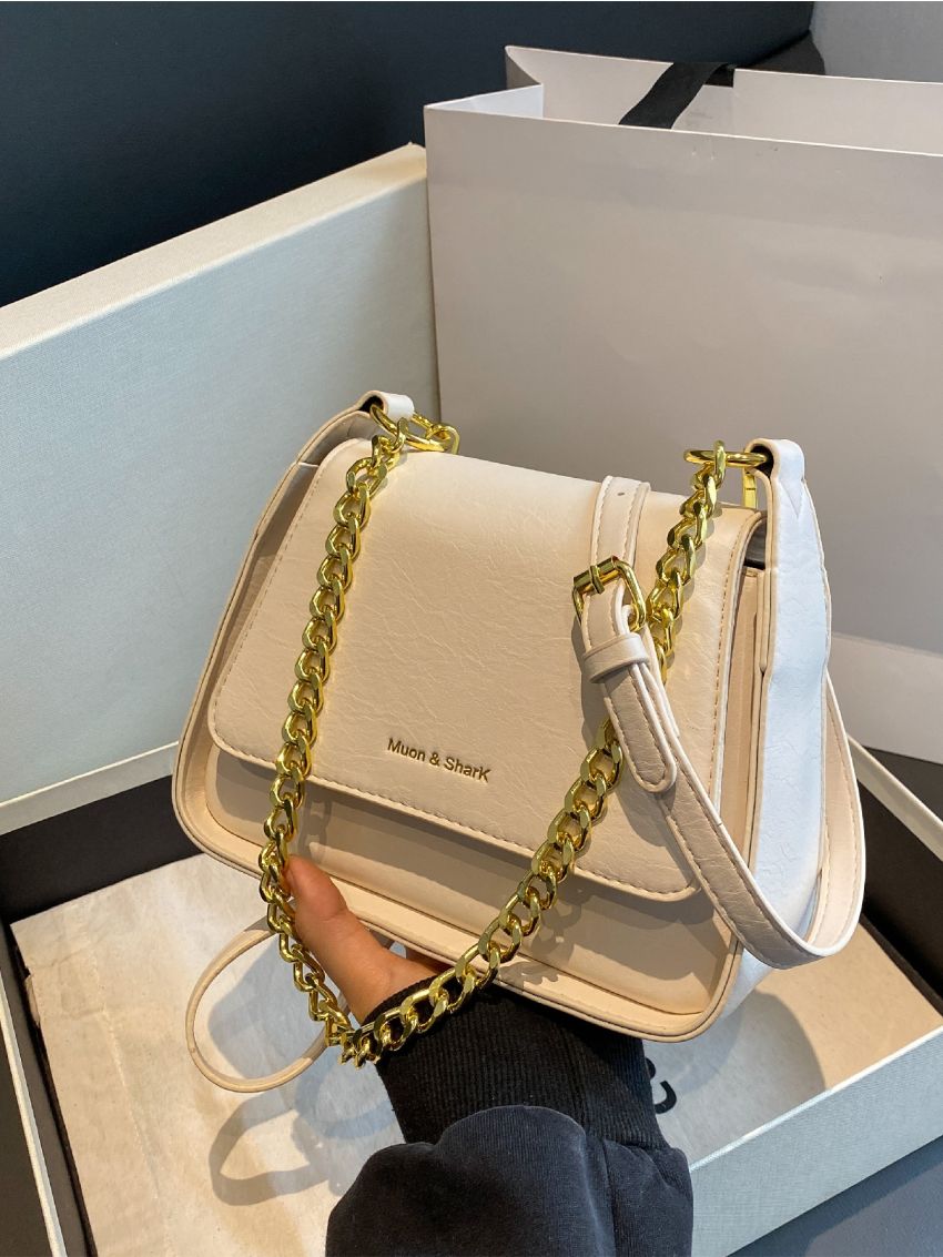 Letter Graphic Chain Flap Square Bag