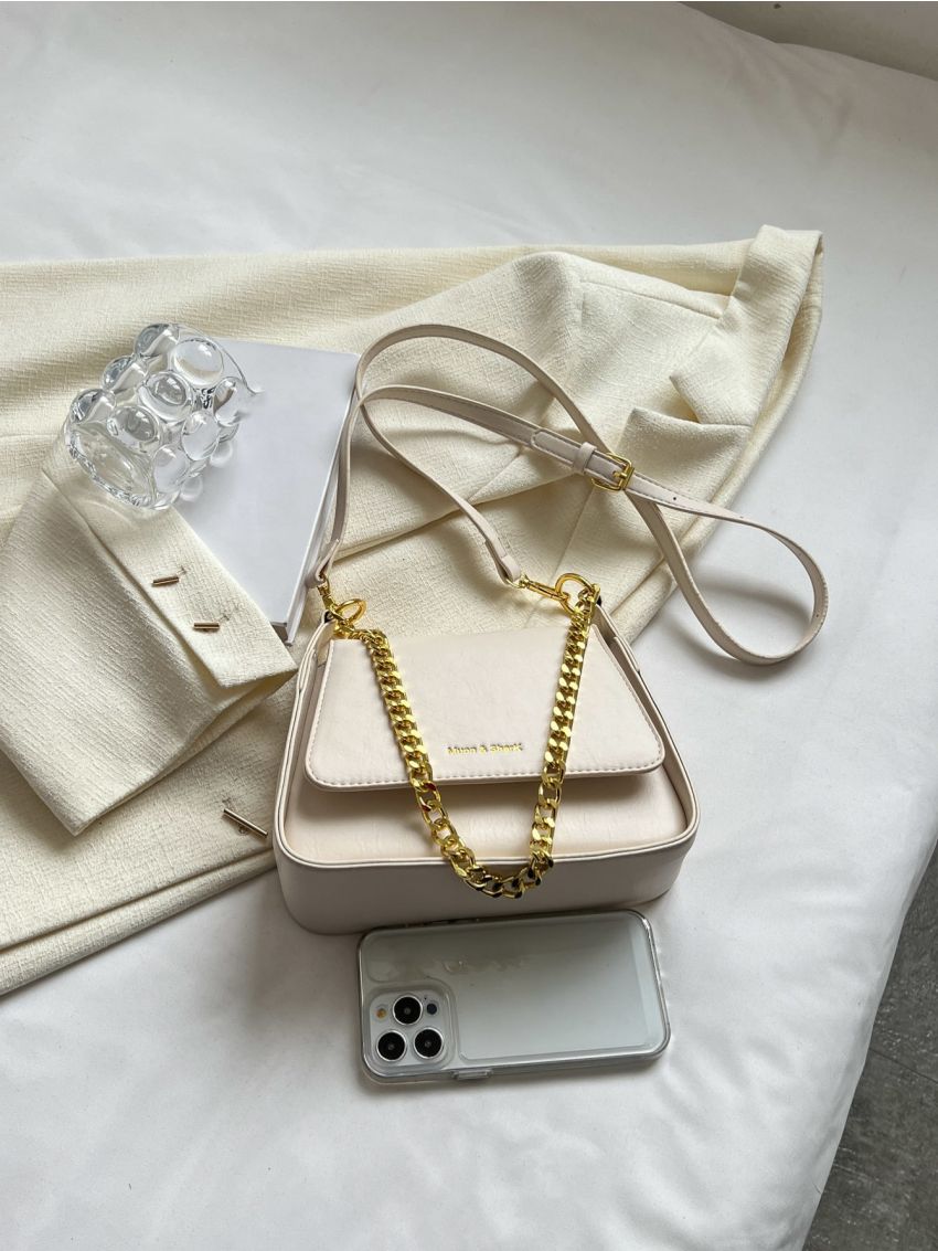 Letter Graphic Chain Flap Square Bag