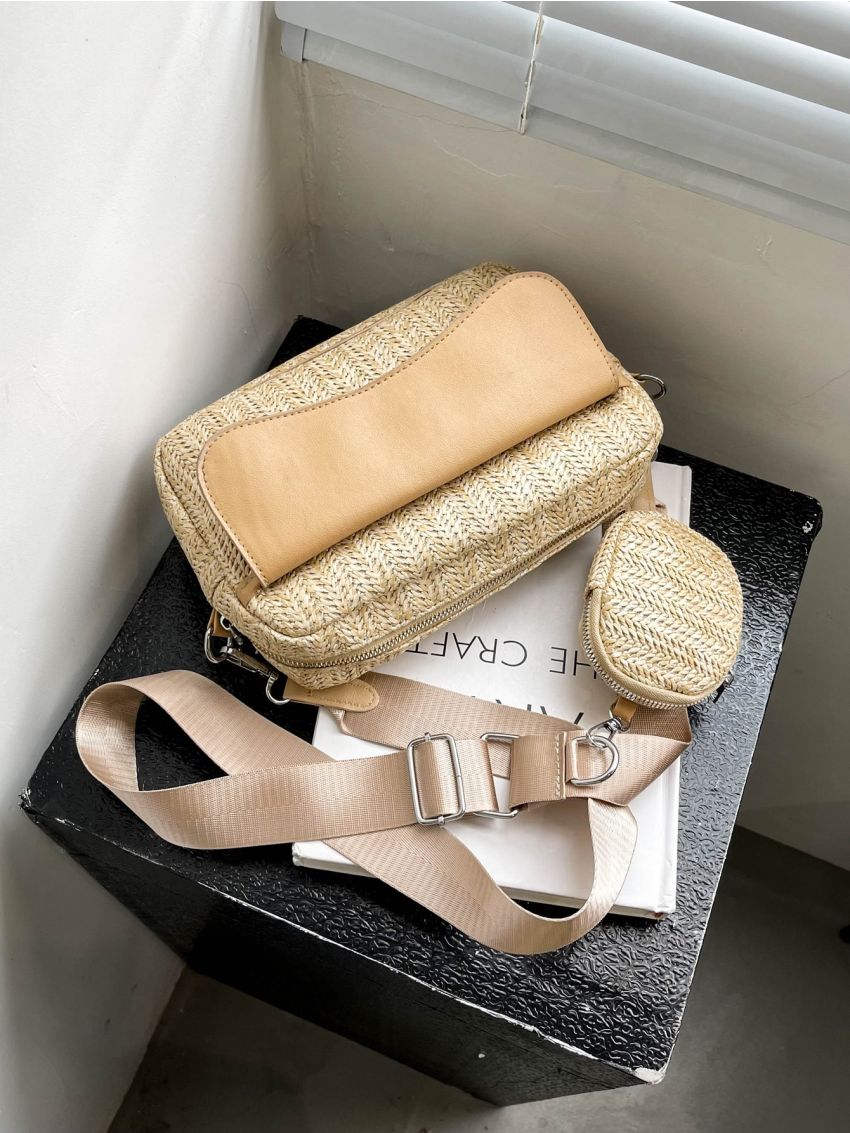 Two Tone Straw Bag With Coin Purse