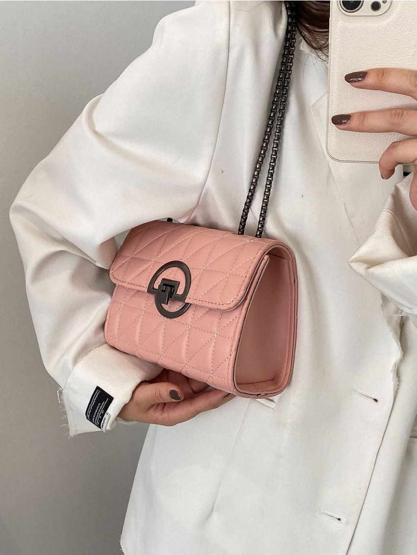 Mini Quilted Square Bag Metal Decor Flap Shoulder Bag
