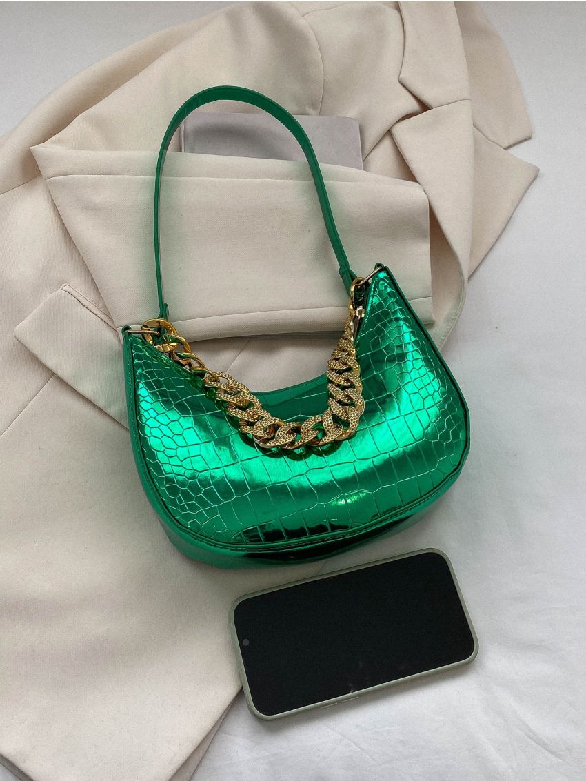 Crocodile Embossed Hobo Bag Metallic Chain PU For Daily Life