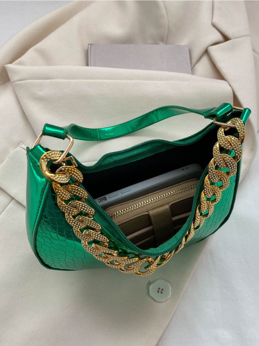 Crocodile Embossed Hobo Bag Metallic Chain PU For Daily Life