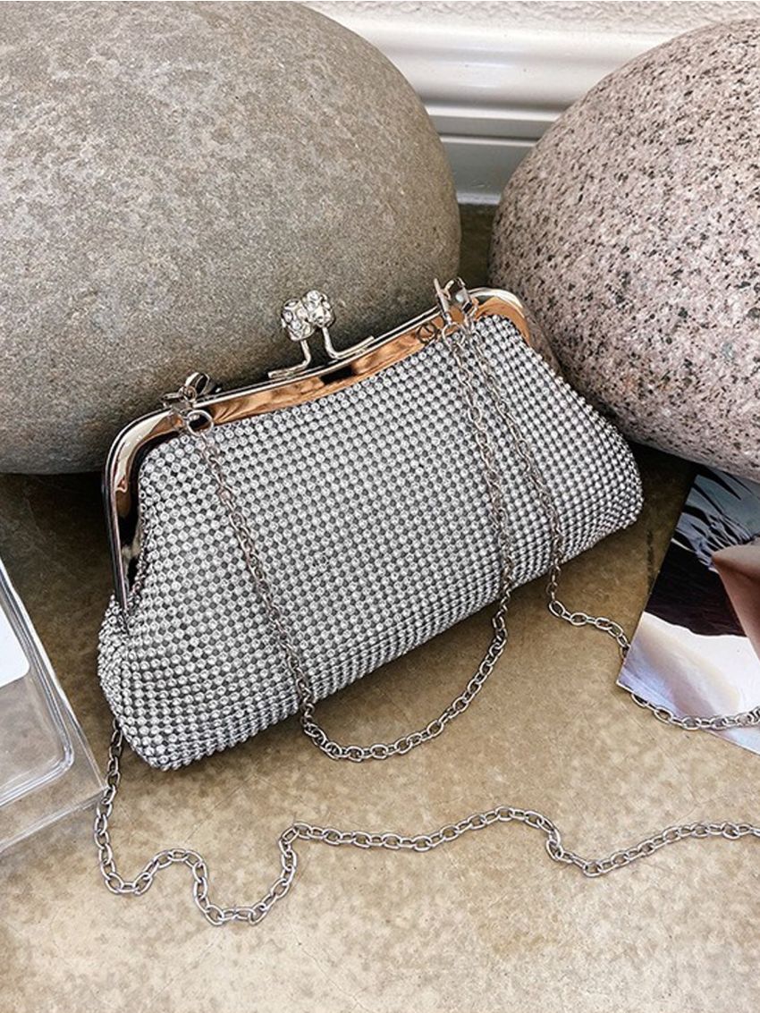 Rhinestone Decor Kiss Lock Chain Bag