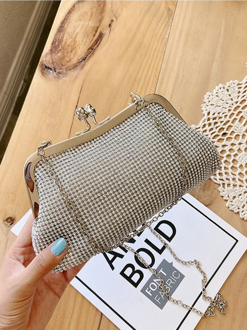 Rhinestone Decor Kiss Lock Chain Bag