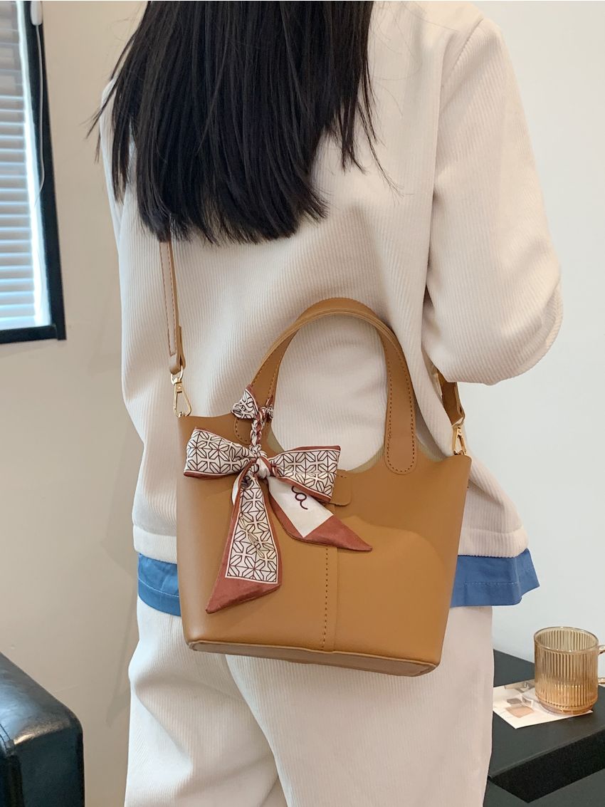 Twilly Scarf Decor Satchel Bag Plain Bucket Bag With Inner Pouch