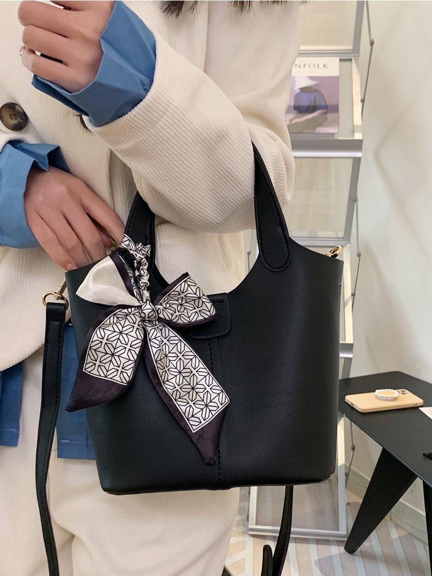 Twilly Scarf Decor Satchel Bag Plain Bucket Bag With Inner Pouch