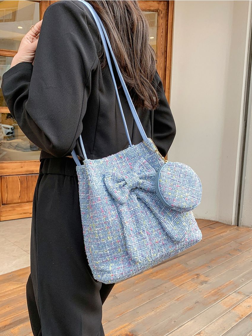 Bow Decor Square Bag Blue Shoulder Bag With Coin Purse