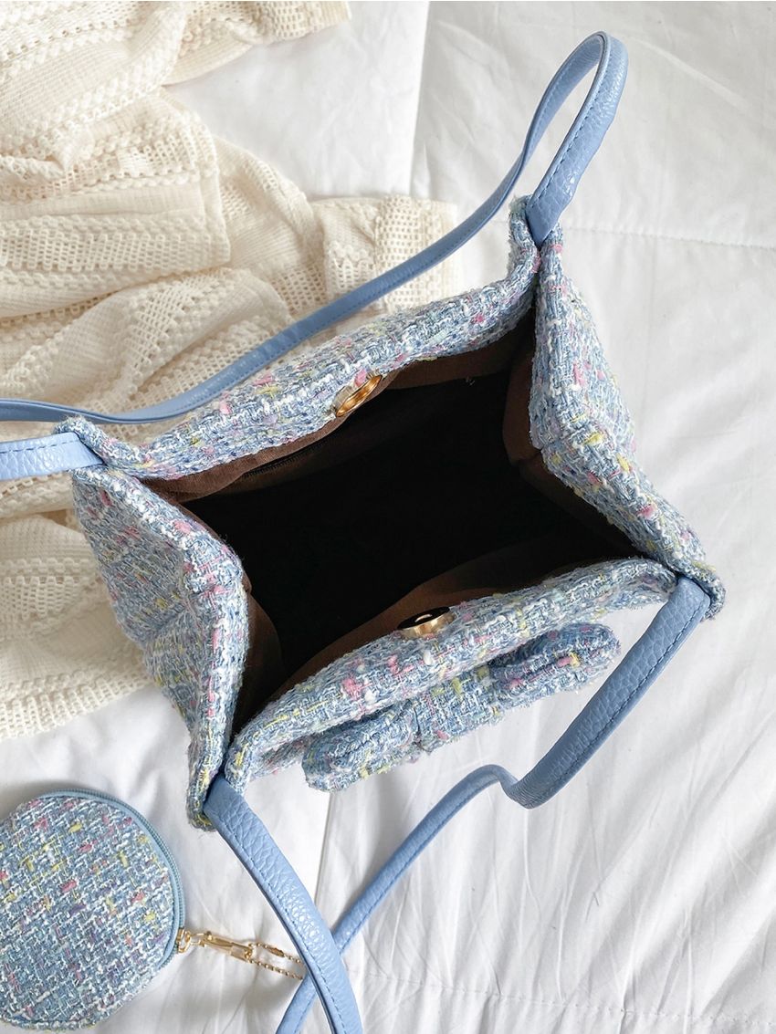 Bow Decor Square Bag Blue Shoulder Bag With Coin Purse