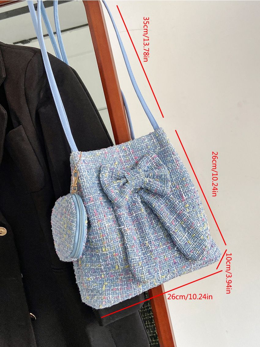 Bow Decor Square Bag Blue Shoulder Bag With Coin Purse