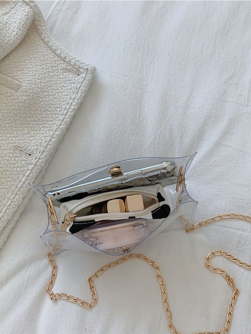 Clear Square Bag Snap Button Crossbody Bag With Cow Print Inner Pouch