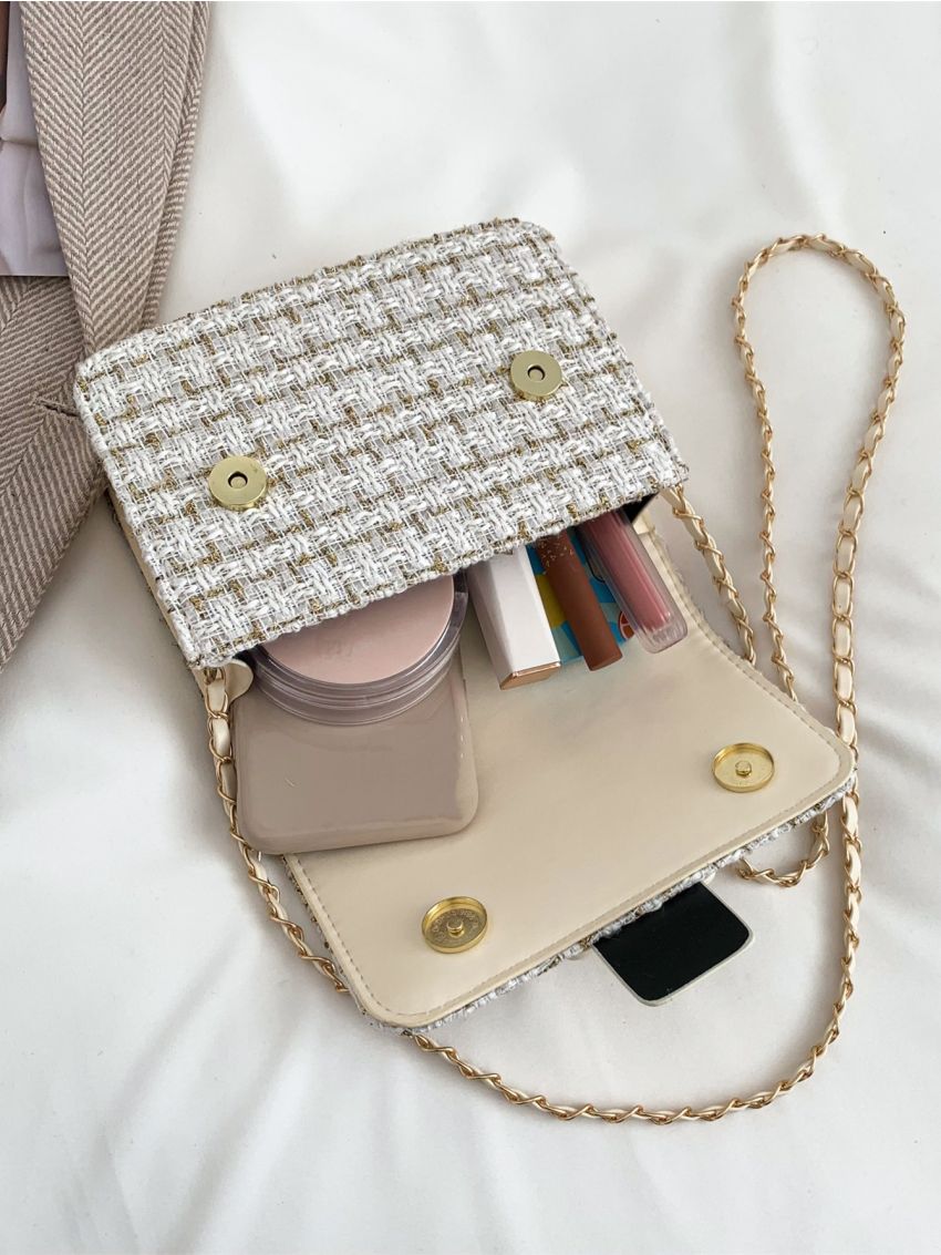 Plaid Pattern Square Bag White Flap Crossbody Square Bag