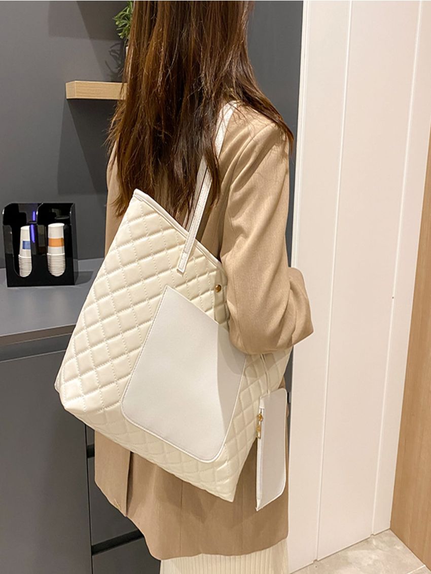 Quilted Shoulder Tote Bag Patch Patch Decor Square Bag With Small Pouch