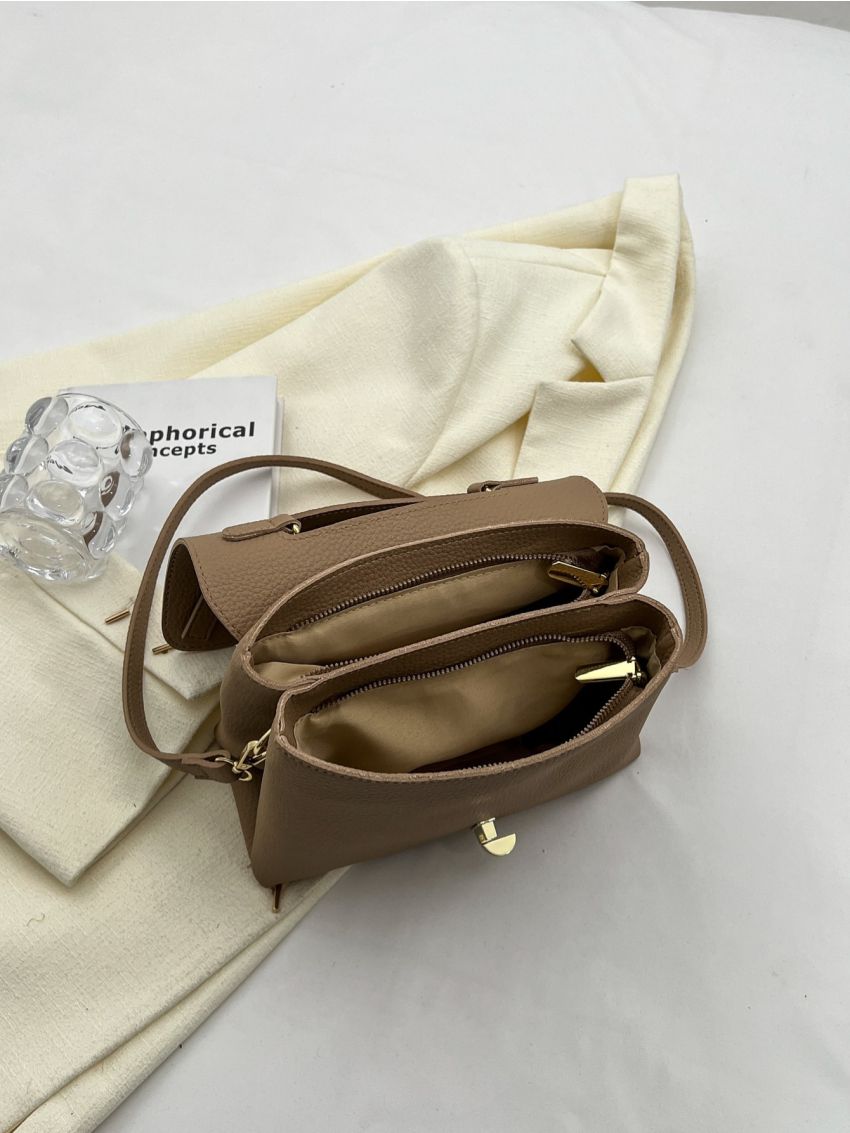 Metal Decor Flap Square Bag Brown Satchel Bag