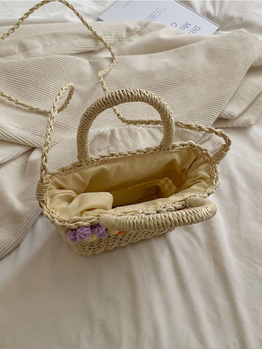 Mini Drawstring Design Satchels Bag Flower Decor Straw Bag For Vacation