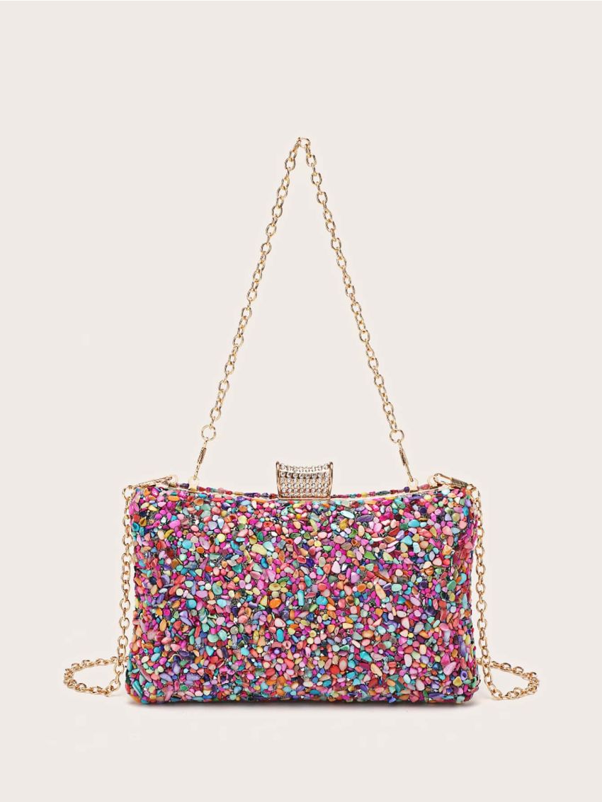 Mini Colorblock Evening Bag Rhinestone Decor Box Bag