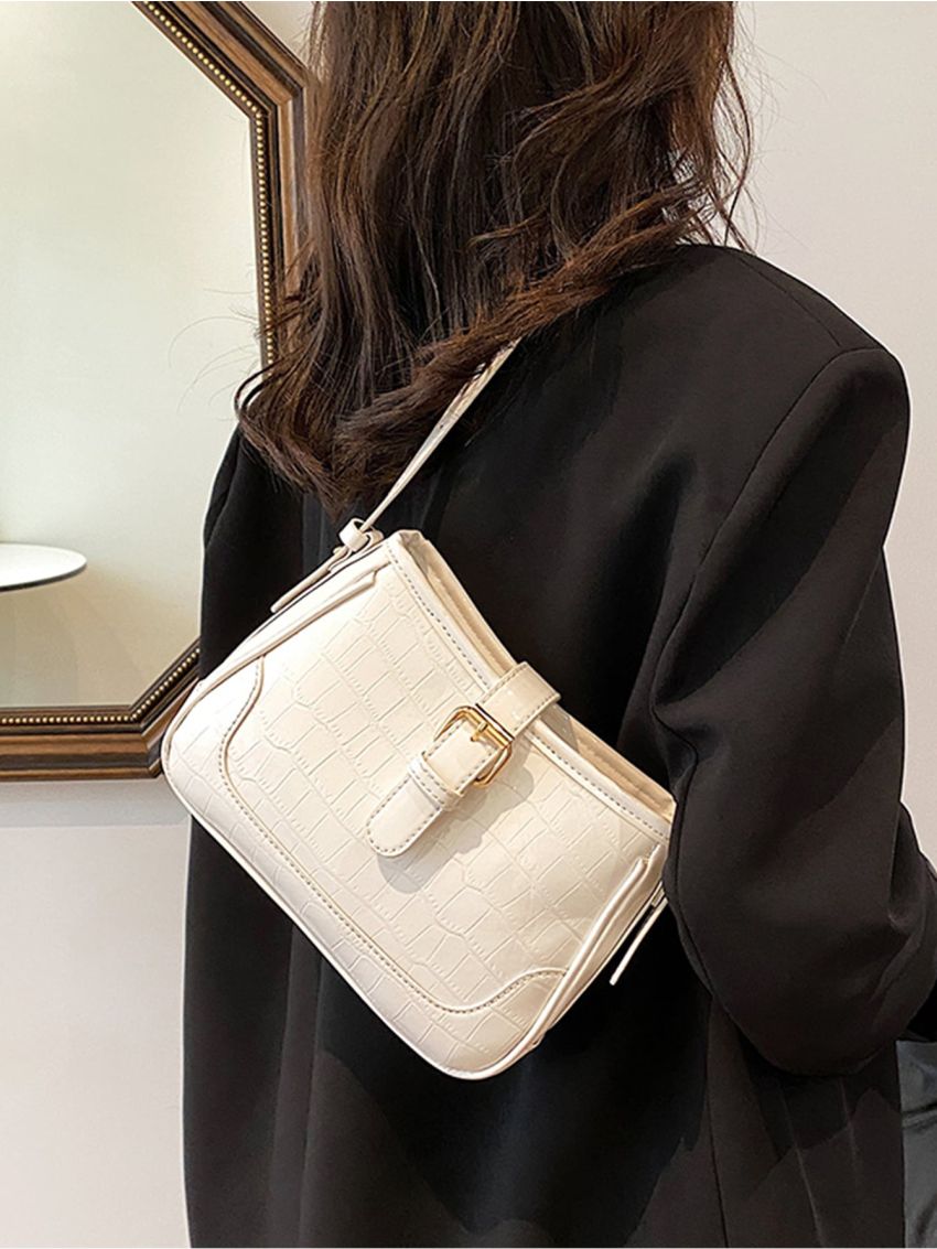 Crocodile Embossed Shoulder Bag Buckle Decor Hobo Bag