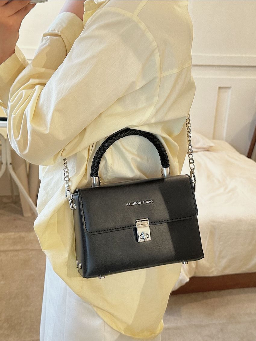 Mini Square Bag Fashionable Letter Decor Chain Top-Handle Buckle PU For Daily