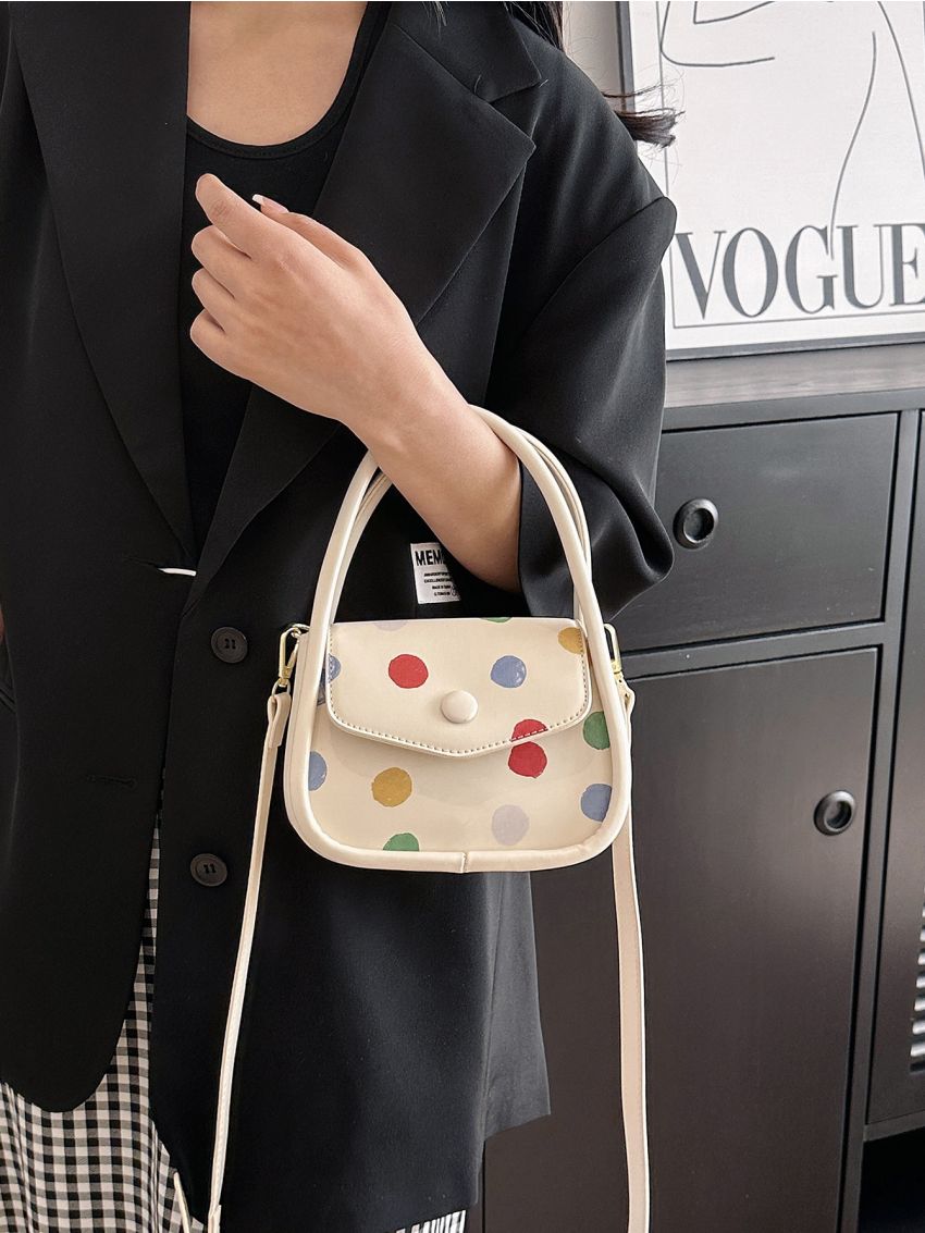 Mini Polka Dot Pattern Satchel Button Decor Flap Square Bag
