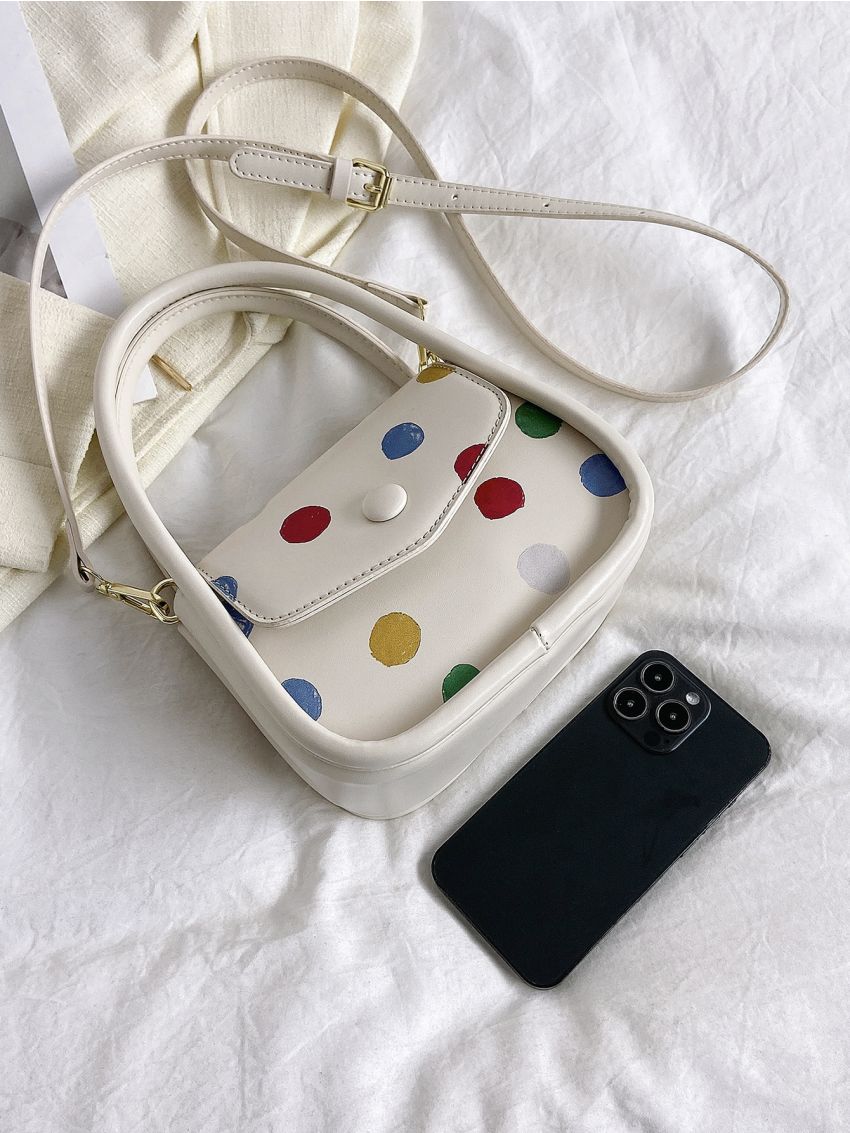 Mini Polka Dot Pattern Satchel Button Decor Flap Square Bag