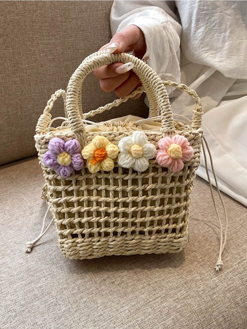 Mini Drawstring Design Satchels Bag Flower Decor Straw Bag For Vacation
