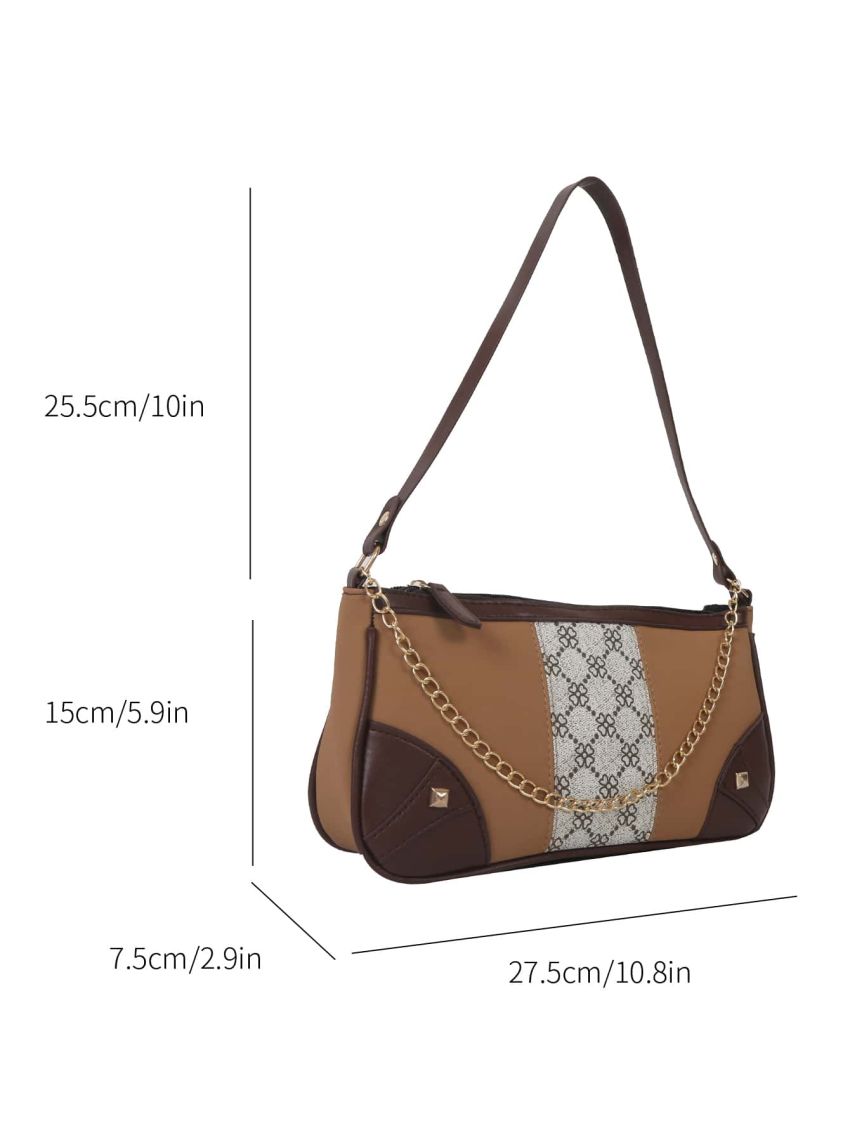 Geometric Pattern Baguette Bag Chain Decor Fashion Style