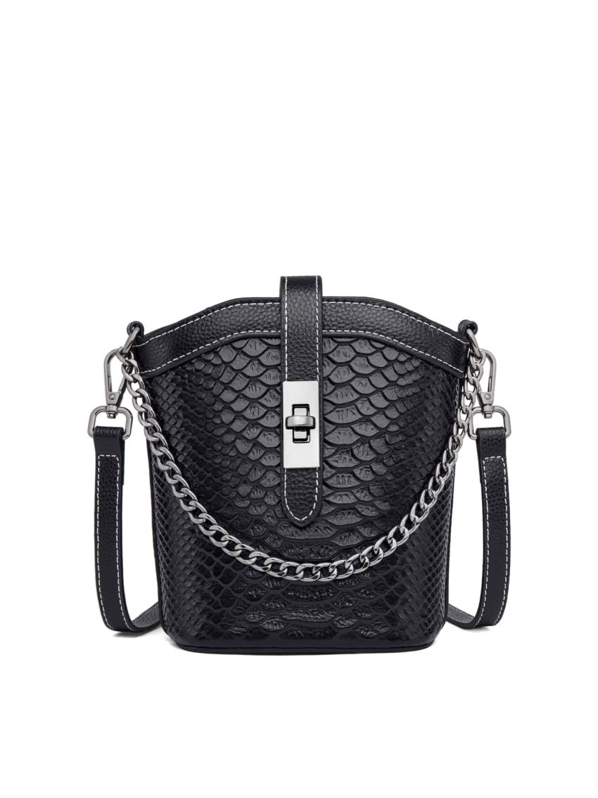 Genuine Leather Mini Crocodile Embossed Bucket Bag Chain Decor