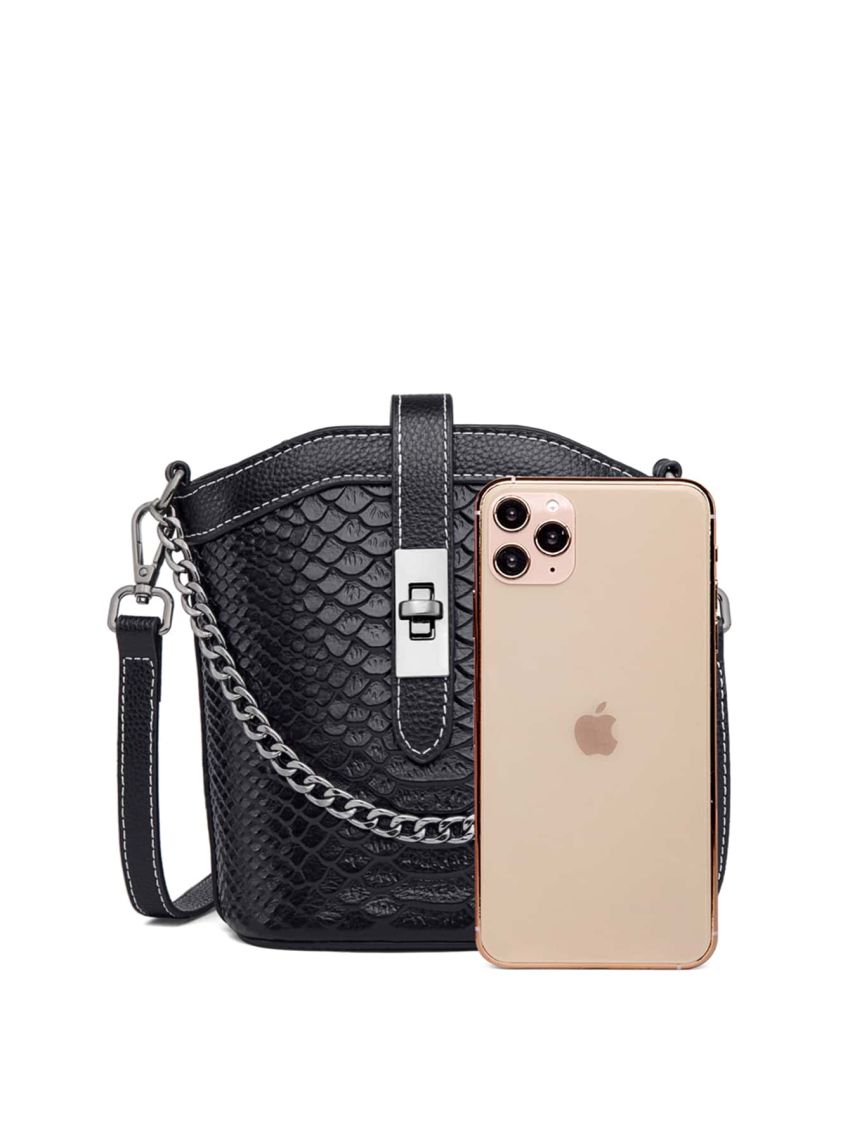 Genuine Leather Mini Crocodile Embossed Bucket Bag Chain Decor