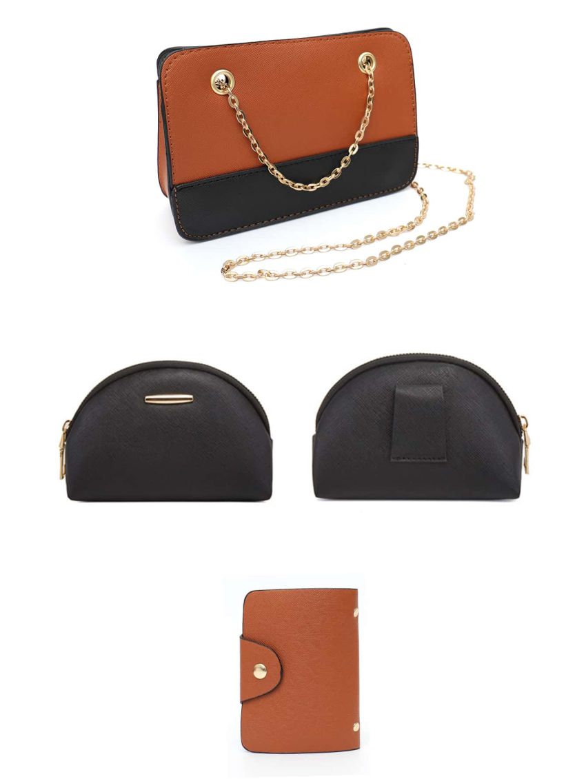 4pcs Two Tone Bag Set Metal Decor Backpack Set