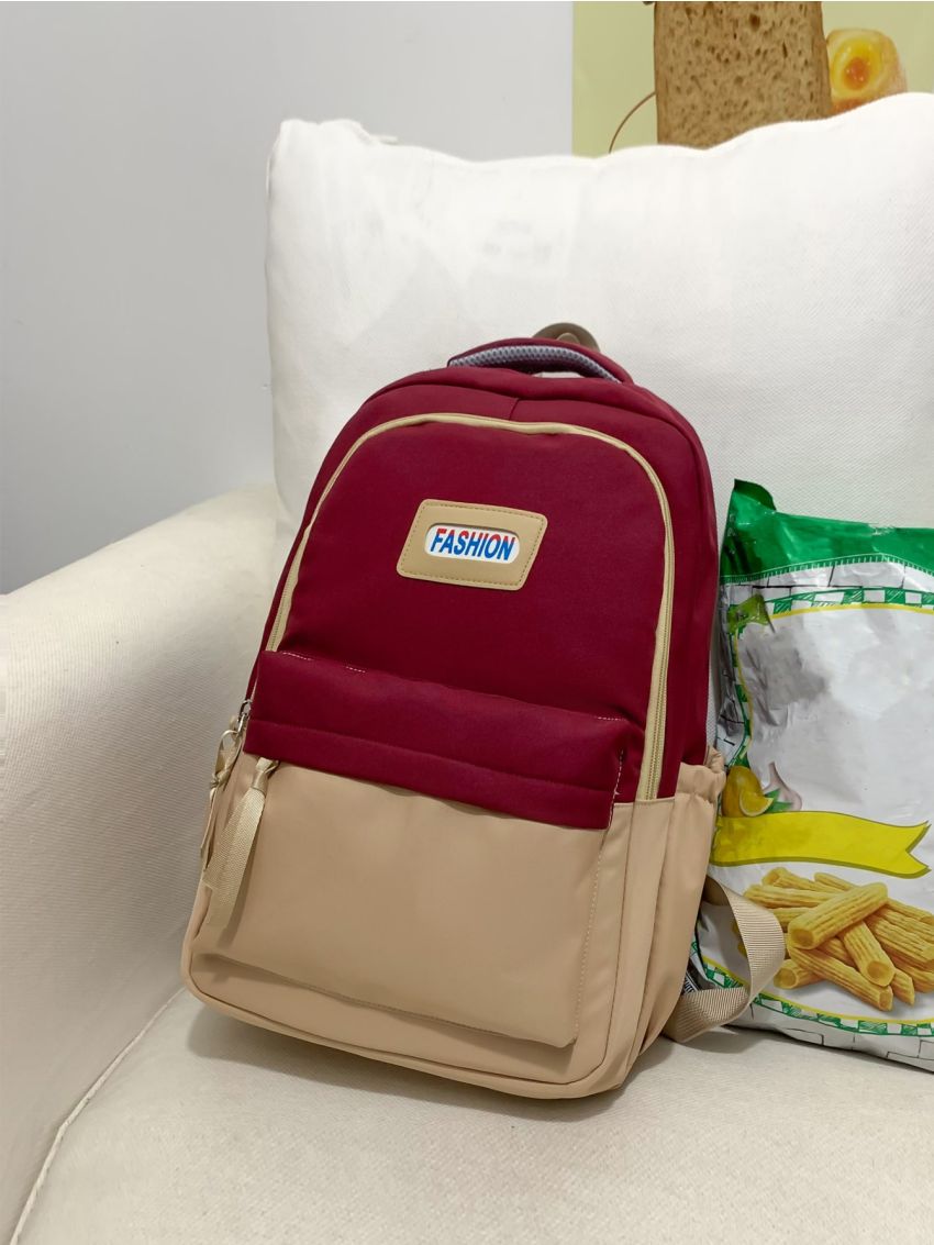 Colorblock Functional Backpack Letter Patch Decor Laptop Backpack