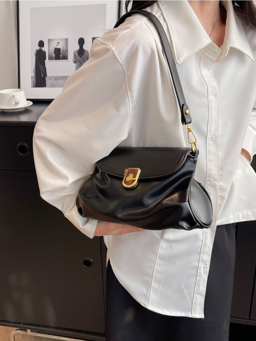 Metal Decor Shoulder Bag Ruched Detail Flap Novelty Bag