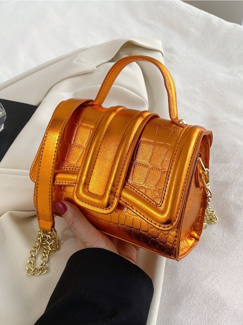 Mini Neon Orange Satchel Crocodile Embossed Flap Square Bag