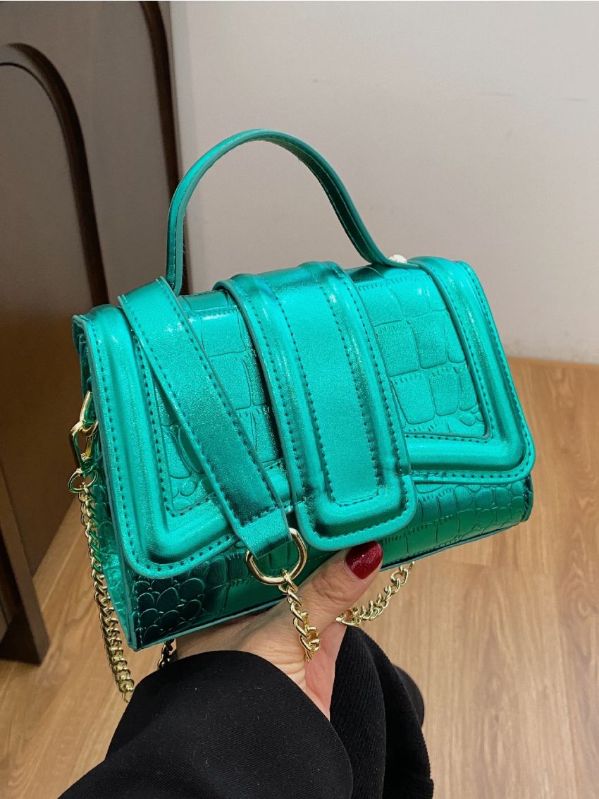 Mini Neon Green Satchel Crocodile Embossed Flap Square Bag