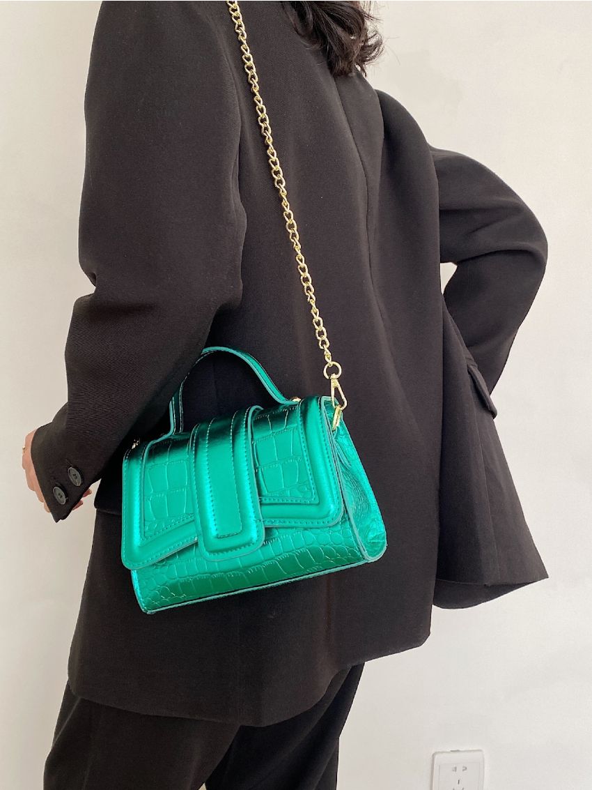 Mini Neon Green Satchel Crocodile Embossed Flap Square Bag