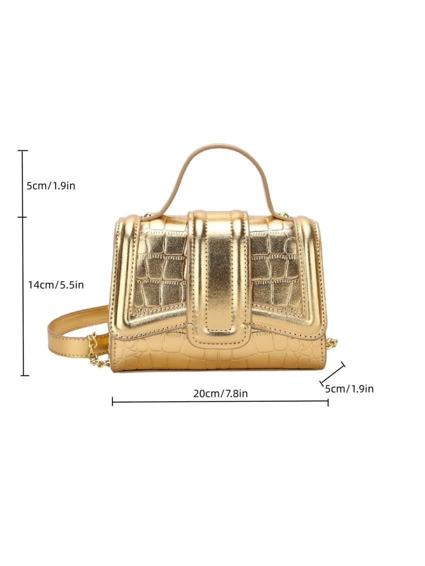 Mini Metallic Satchel Crocodile Embossed Flap Square Bag
