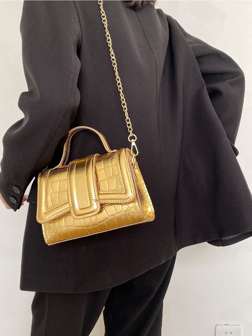 Mini Metallic Satchel Crocodile Embossed Flap Square Bag