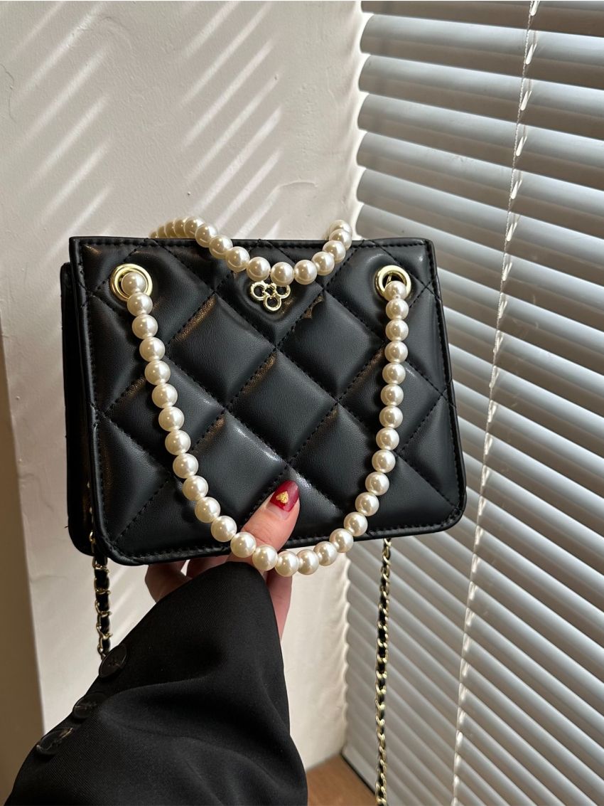 Mini Quilted Pattern Satchel Metal & Pearl Decor Square Bag